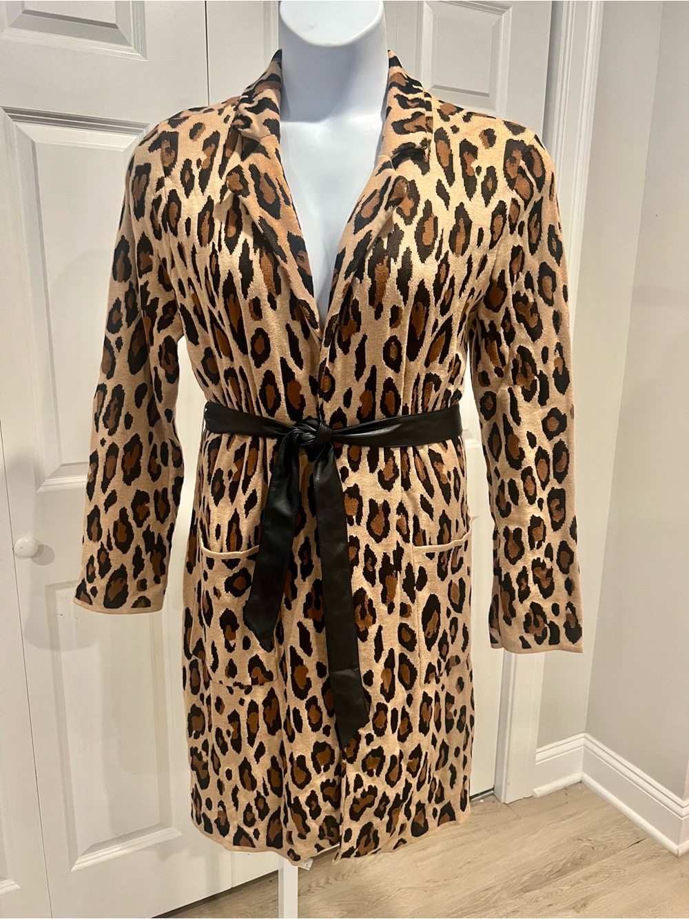 1 Chico's Leopard Print Satin Belted Robe in Tan and Black